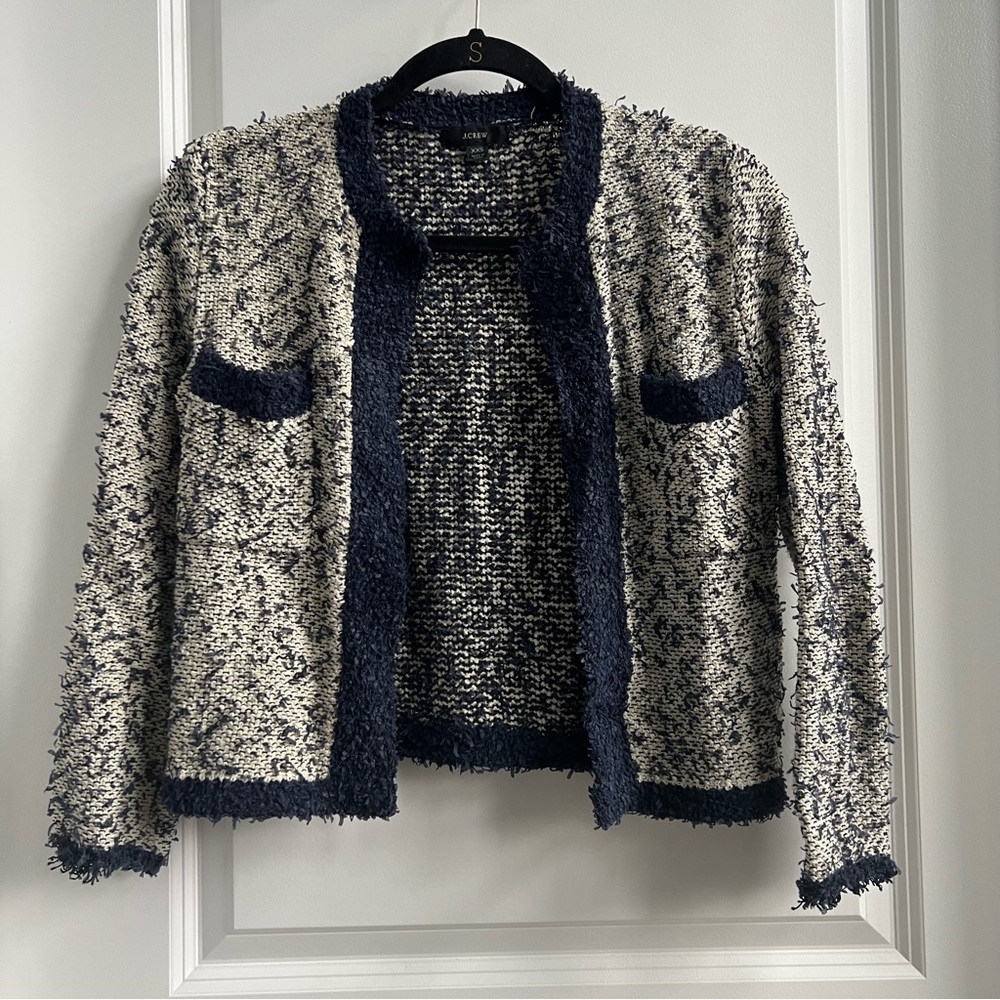 J.CREW Boucle Tweed Lady Coat Sweater in Navy and Cream